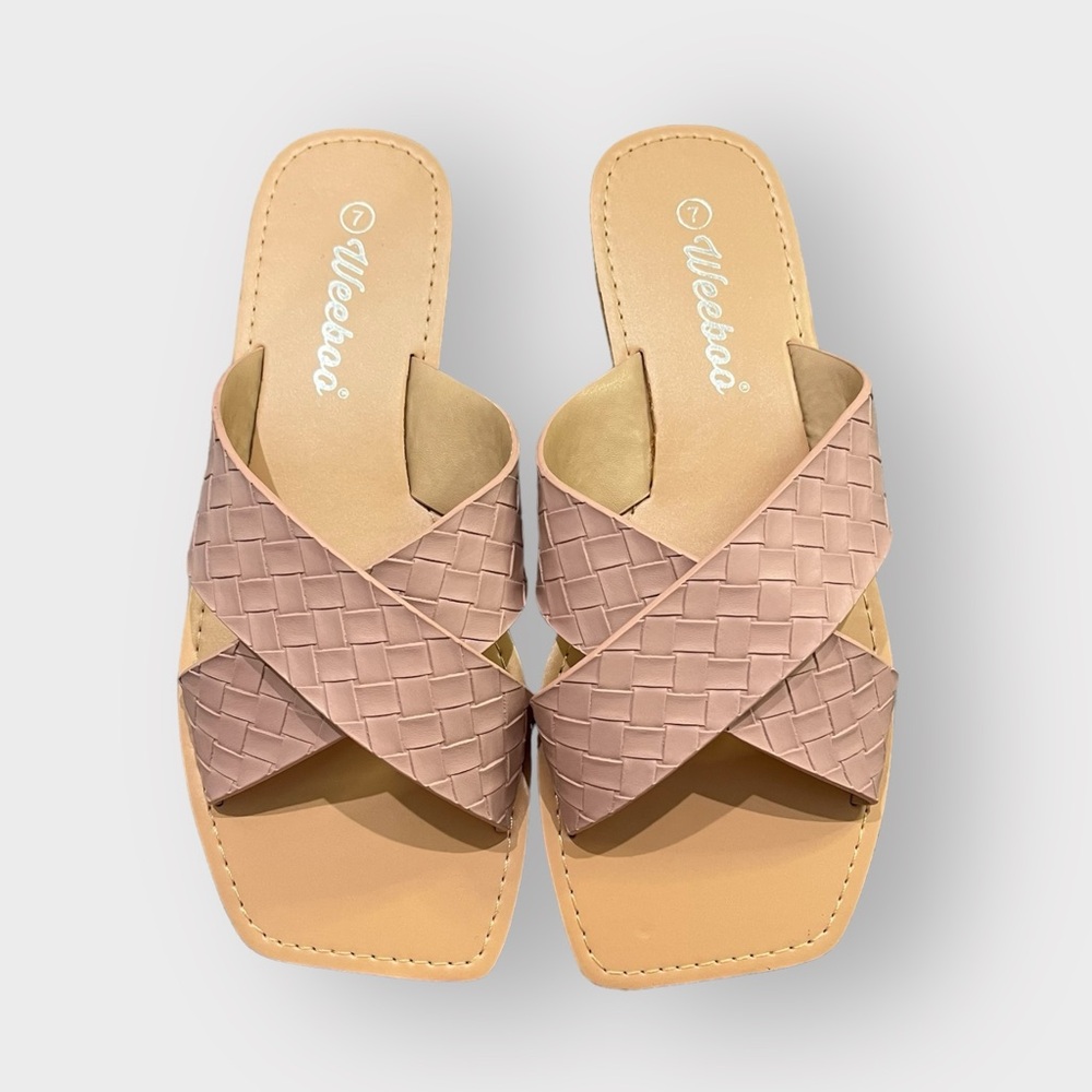 Weeboo Pink Braided Crisscross Square Toe Flat Sandals